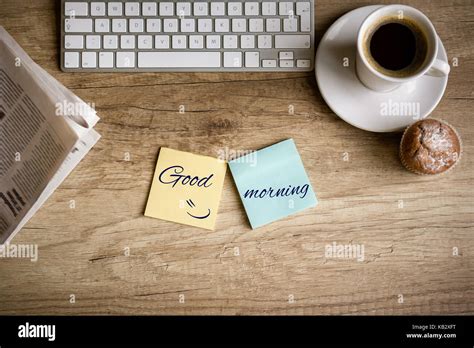 Top View Of Work Desk In Morning Concept Good Morning Stock Photo