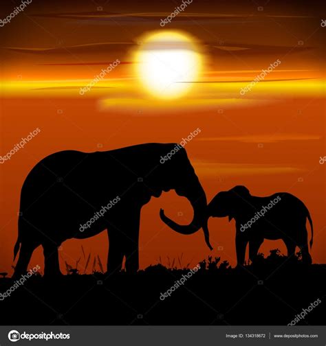 Silhouettes Of Two Elephants Mother With Baby Elephants — Stock Vector
