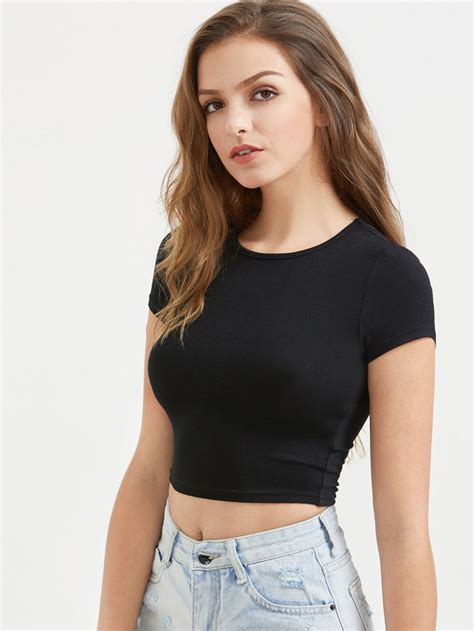 Slim Fit Crop Tee Sheinsheinside Slim Fit Crop Top Scoop Neck Crop Top Short Sleeve Scoop