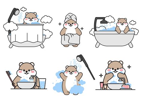 Set Of Cute Drawn Hamsters Kawaii Hamster Washes And Brushes His Teeth Washes In The Bath
