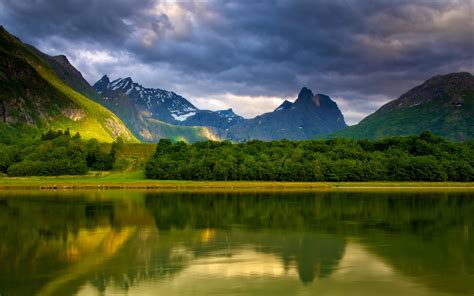 Wallpaper Lake Mountains Coast Trees Clouds Silence Before A