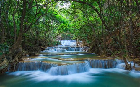 Green Nature River Cascade Waterfall Kanchanaburi Thailand Desktop Hd Wallpaper For Pc Tablet