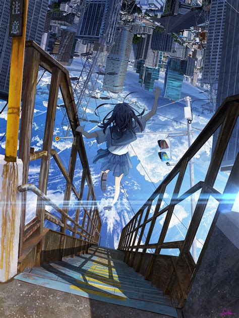 Wallpaper Digital Art Anime Girls Abstract City Cityscape Ladder
