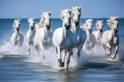 Premium Ai Image White Horses In Camargue France Gallop In The Sea
