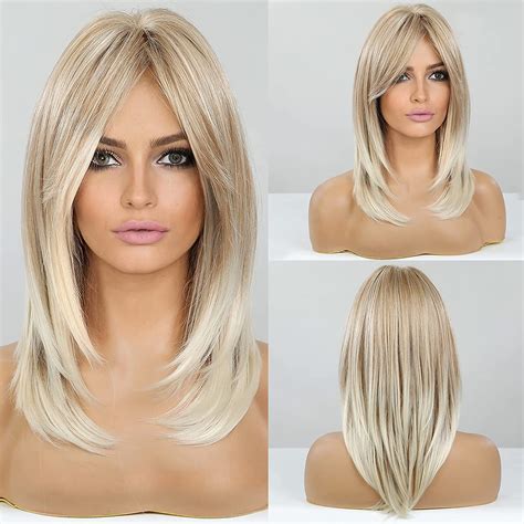 Long Layered Blonde Wigs For Women Synthetic Hair Wig With Bangs Acixo