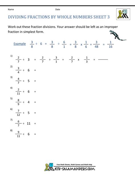 How To Divide Fractions By Whole Numbers Worksheet