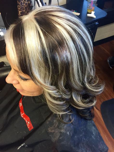 The highlights are together against the dark base 49. Medium brown with platinum chunky highlights | Platinum ...