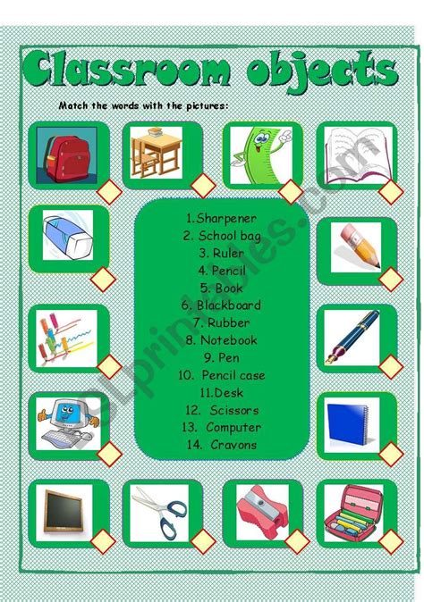 Classroom Objects Matching Esl Worksheet By Ana B