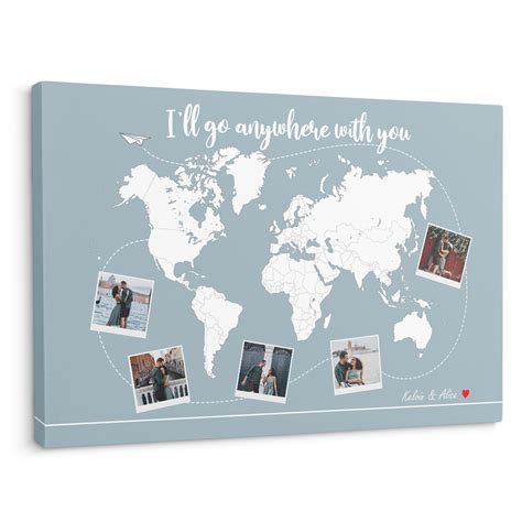 Custom Couple Photo Collage Travel World Map Canvas Anniversary T