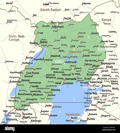 Map Of Uganda Shows Country Borders Urban Areas Place Names And
