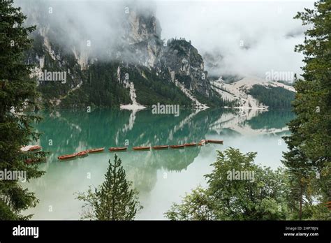 Lago Di Braies A Beautiful Mountain Lake At Italy Dolomites Stock Photo
