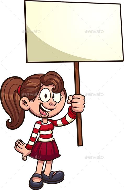 Cartoon Girl With Blank Placard Vector Clip Art Illustration With