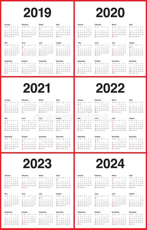 Year 2019 2020 2021 2022 2023 2024 Calendar Vector Design