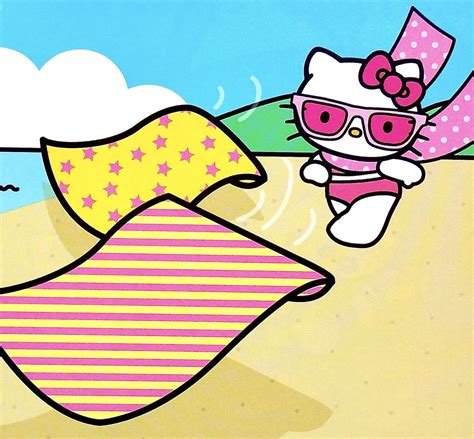 hello kitty is flying over the beach with her pink and yellow blanket on it s back