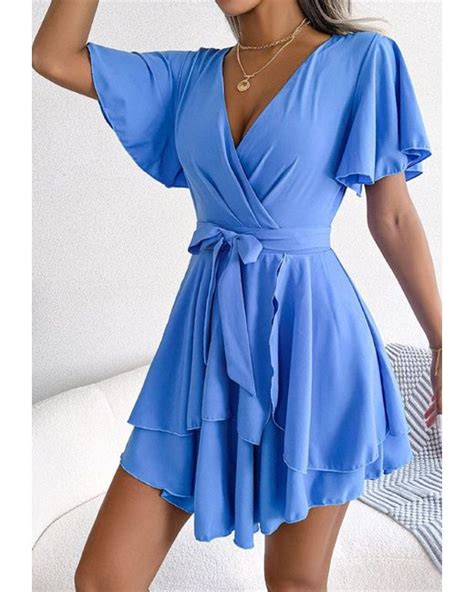 Anna Kaci Asymmetrical Tiered Hem Wrap Dress In Blue Lyst