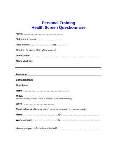 11 Personal Training Questionnaire Templates In Pdf Doc