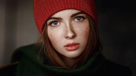 Wallpaper Georgy Chernyadyev Women Face Hat Green Redhead Portrait Freckles Open Mouth