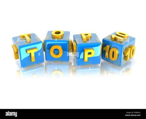 Yellow 3d Text Top10 On Reflective Blue Cubes Stock Photo Alamy