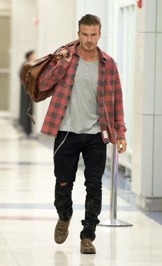 David Beckham Wearing Red And Black Check Flannel Long Sleeve Shirt