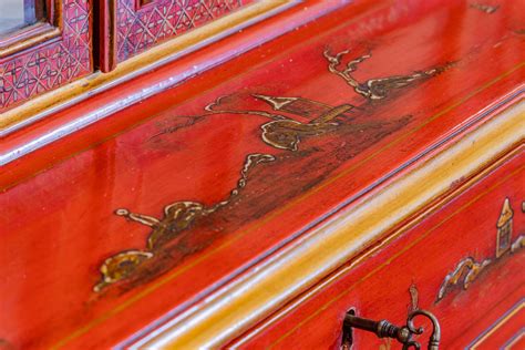 Impressive 18th Century Chinoiserie Red Lacquered Drop Front Secretary