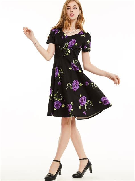 Floral Imprint Short Sleeve Skater Dress Online Dress Shopping