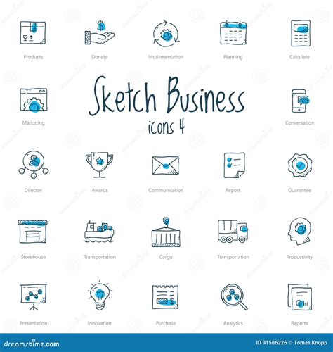 Set Of Sketch Business Icons With Blue Accent Stock Illustration