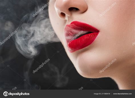 Lips Blowing Smoke Cropped View Girl Red Lips Blowing Smoke Isolated