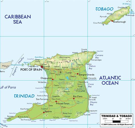 Большая физическая карта Тринидада и Тобаго с дорогами городами и