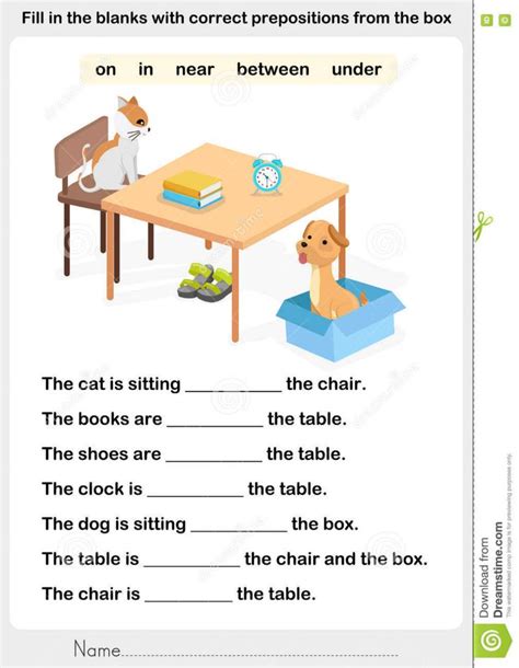 Learn prepositions of place and movement for kids. Fill In The Blanks With Correct Prepositions Stock Vector - Illustration of homework ...