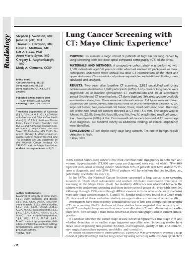 Lung Cancer Screening With Ct Mayo Clinic Experience Radiology