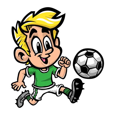 Cartoon Boy Kid Playing Football Or Soccer In A Green T