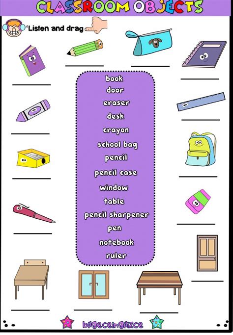 Classroom Objectslisten And Drag Worksheet Ingles Para Preescolar