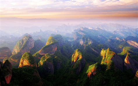 Sunset Mountains China Mist Clouds Forest Cliff Nature