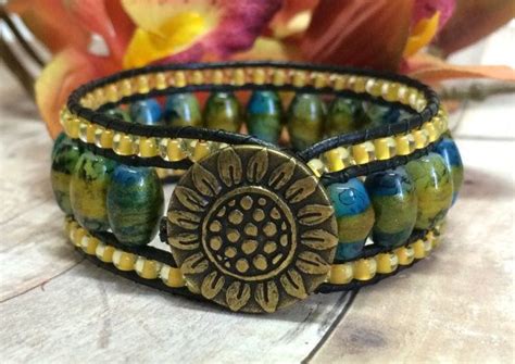 beaded leather sunflower cuff bracelet flower by sunsetsouthpaw bead leather summer jewelry