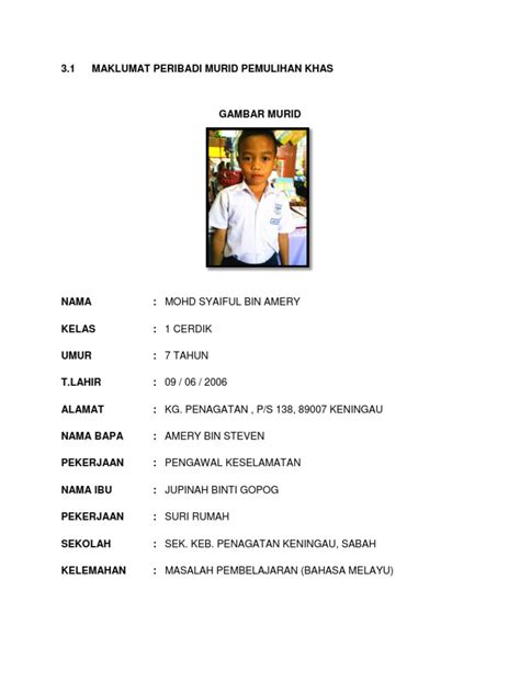 Contoh Biodata Murid Sekolah Rendah Jovannyafehaas