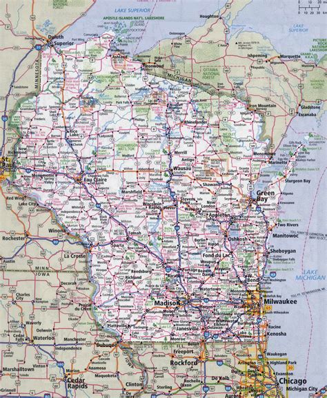 Large detailed roads and highways map of Wisconsin state with all cities | Vidiani.com | Maps of ...