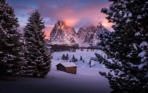 Download 1680x1050 Wallpaper Winter Cabin Landscape Nature Dawn