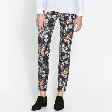 zara pants and jumpsuits zara navy blue floral printed trousers pants med poshmark