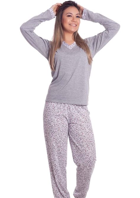 Pijama Feminino Longo Calça Estampada Oncinha Blusa Lisa Na Amora Doce