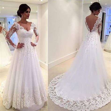 White Vintage Wedding Gowns Lace Long Sleeve Open Back A Line Sexy