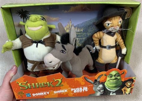 Rare 2004 Shrek 2 Plush Toy Set Donkey Puss In Boots Dreamworks Hasbro
