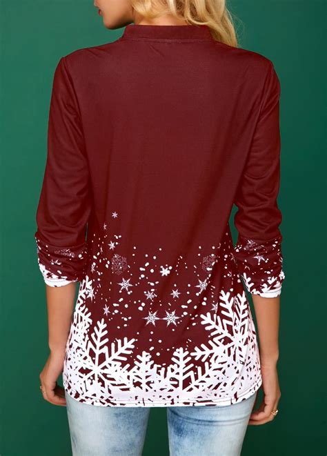 Button Detail Snowflake Print Pleated Wine Red Christmas Blouse