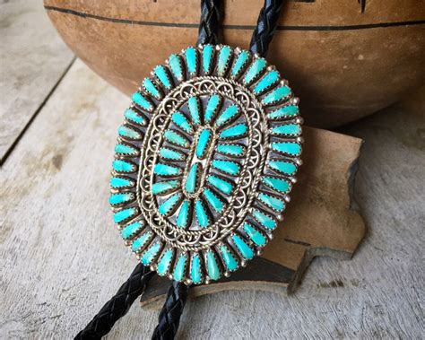 Vintage Zuni Petit Point Turquoise Bolo Tie For Men Native America