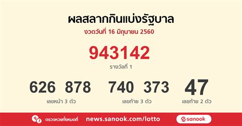 เช็ค ผลหวยรัฐบาล 16/6/64 บนเว็บ เลขรวยไทย. ตรวจหวย ผลสลากกินแบ่งรัฐบาล งวดวันที่ 16 มิถุนายน 2560