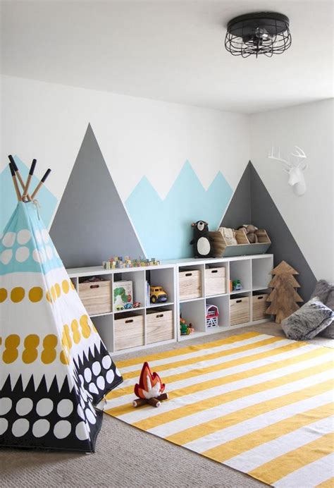 Gray contemporary kid's room with blue bed. 55 DIY Playroom for Kids Decorating Ideas