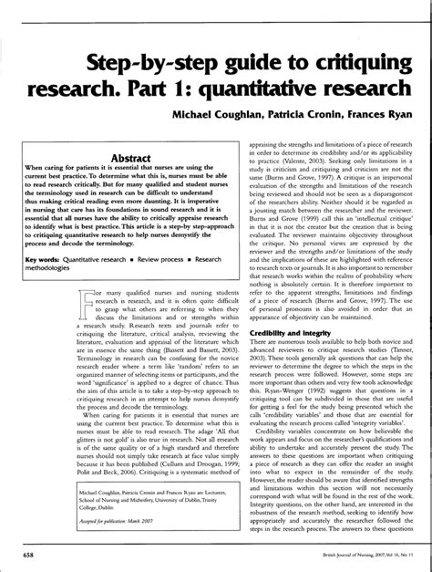 A critique starts out with a summary of the topic of the paper but differs from a straight summary because it adds the reviewer's analysis. sample quantitative nursing research article critique