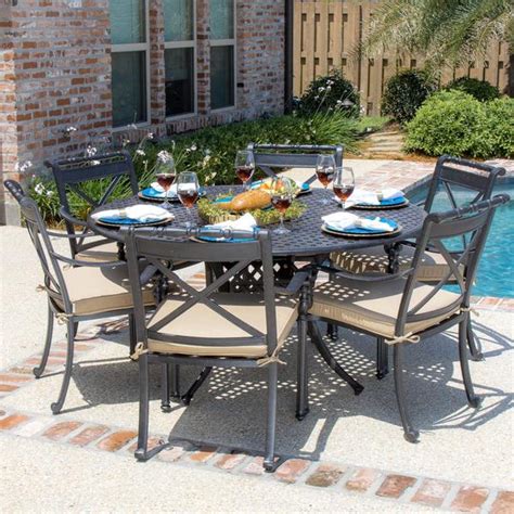 This dining set is a modern outdoor patio dining set that offers trendy styling, clean lines, comfort, and durability. Carrolton 6-Person Cast Aluminum Patio Dining Set With ...