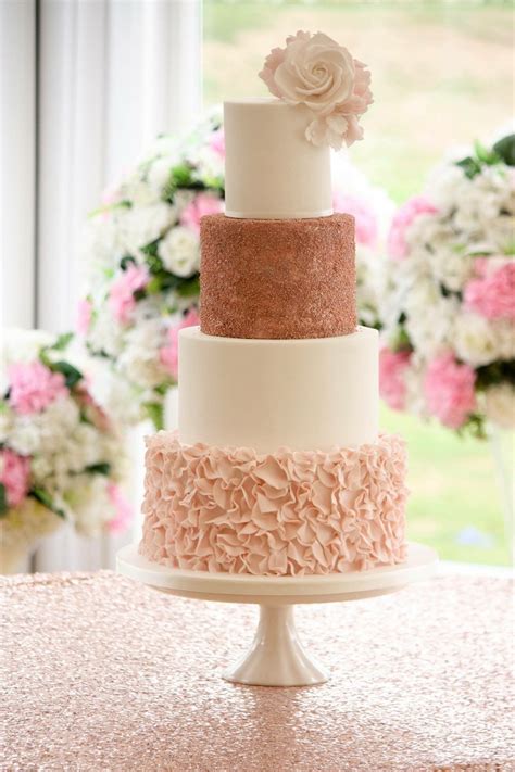 Pink Ruffle And Sparkly Rose Gold Wedding Cake Rose Gold Wedding