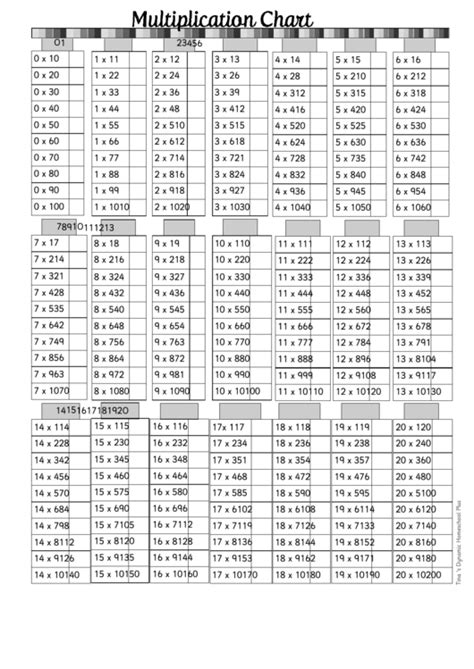 10 X 20 Times Table Chart Bw Printable Pdf Download