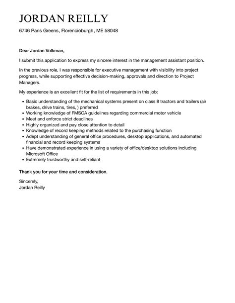 Management Assistant Cover Letter Velvet Jobs